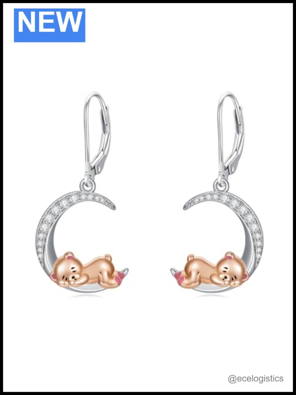 Sterling Silver Bear Dangle Earrings Leverback Zircon Moon Jewelry Gift for